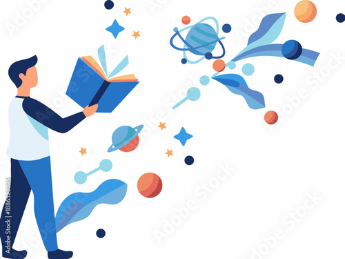A person reading a book with planets stars and science elements floating around