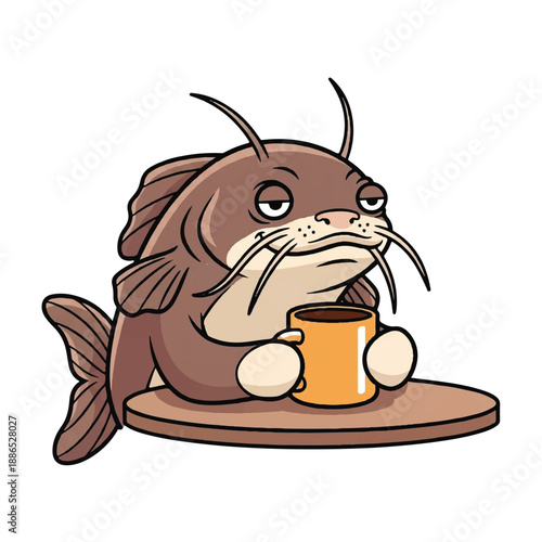 Illustration of a catfish holding a cup on a wooden plate, viewed from the side in a minimalist setting