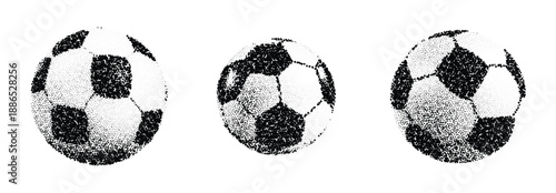 Halftone Soccer Balls Dot Texture Vector Set Black and White Grunge Sport Design Isolated on White Background Vintage Illustration