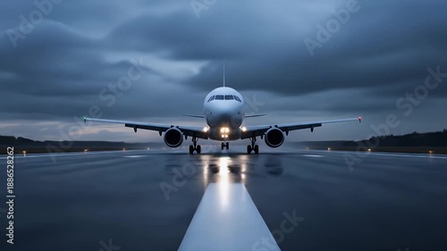 Airplane on wet runway at dusk with dramatic clouds.