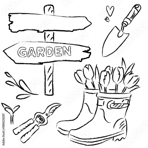 Hand Drawn Doodle Spring Gardening Tools Set with Rubber Boots Tulips and Trowel
