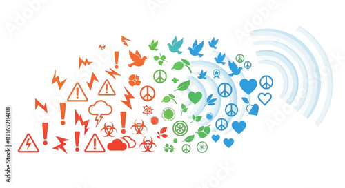 Vector illustration for International Day for the Prevention of Violent Extremism, depicting a transition from violent symbols to peaceful icons, representing cyber security and teamwork in