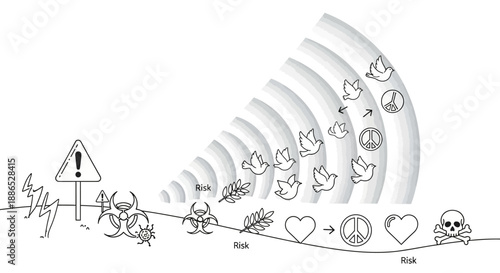 Illustration of a character evolving from hate symbols to peaceful icons on International Day for the Prevention of Violent Extremism, promoting cyber security and teamwork in business and