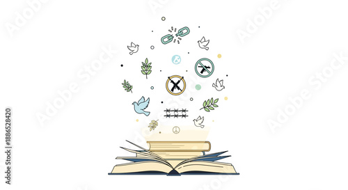 Illustration of an open book with various icons and symbols rising from it, representing the International Day for the Prevention of Violent Extremism, with a focus on cyber security,