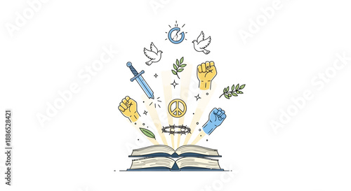 Illustration of a book with symbols rising from it, celebrating International Day for the Prevention of Violent Extremism with cyber security and peace elements.