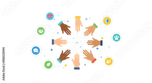 Illustration of diverse hands reaching out surrounded by technology and communication icons on a white background, celebrating International Day for the Prevention of Violent Extremism with