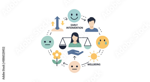 Illustration of a character surrounded by symbols representing cyber security, teamwork, and prevention of violent extremism on International Day for the Prevention of Violent Extremism