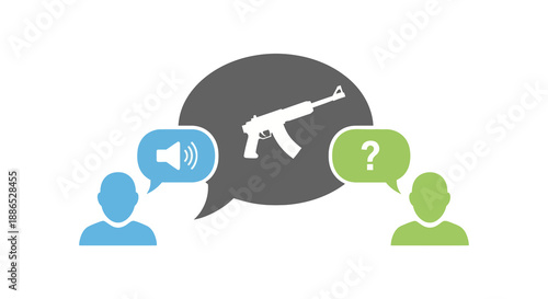 Illustration of people discussing prevention of violent extremism with a gun in a speech bubble on International Day for the Prevention of Violent Extremism, symbolizing cyber security and