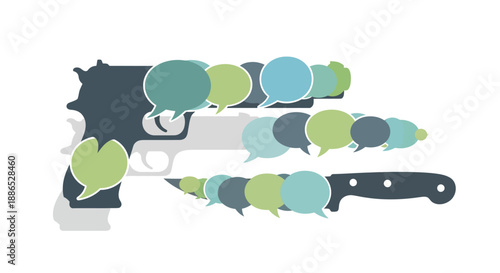 Vector illustration for International Day for the Prevention of Violent Extremism with a character holding a gun and knife with speech bubbles on a white background, promoting cyber