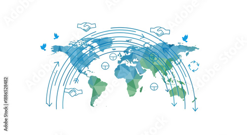 Illustration of a global network on a world map with symbolic lines and icons, celebrating International Day for the Prevention of Violent Extremism with a focus on cyber security and