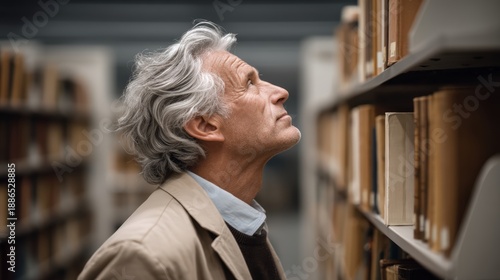 Emotive portrait of a bibliophile enjoying discovery solitude, browsing forgotten novels in dusty used bookstore aisles, calm and curious facial expression reading spines, warm tungsten bookshop