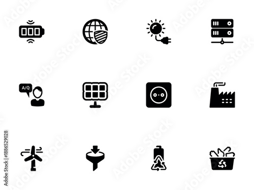 Collection of Black Icons for Green Energy and Ecology