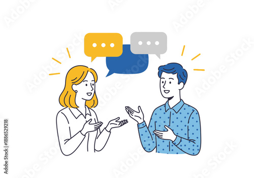 A man and woman having a conversation using their mobile phones with speech bubbles