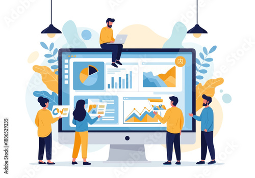 People working together analyzing data on a large computer screen with graphs and charts