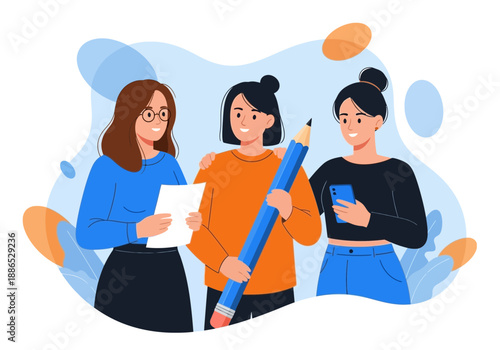 Three women standing together with a large pencil and devices in a colorful illustration