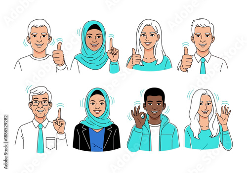 Diverse group of people giving thumbs up and hand gestures in a row