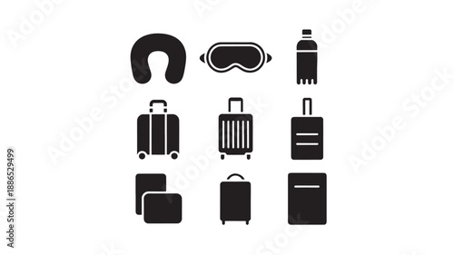 Collection of travel accessories and luggage items displayed in a grid arrangement from a straightforward viewpoint