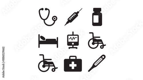 Medical icons collection representing healthcare and medical services in a simple graphic illustration