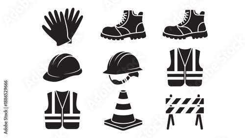 Collection of safety equipment icons including gloves, boots, helmets, and vests, representing workplace protection and industrial safety measures.