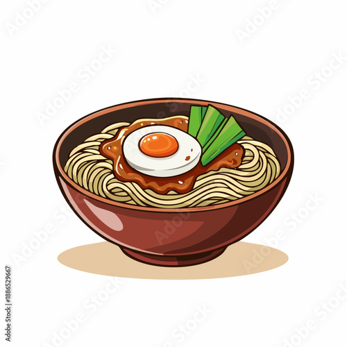 A delectable bowl of steaming noodles topped with a perfectly cooked egg and fresh green scallions, a vibrant and appetizing illustration of a classic Asian dish