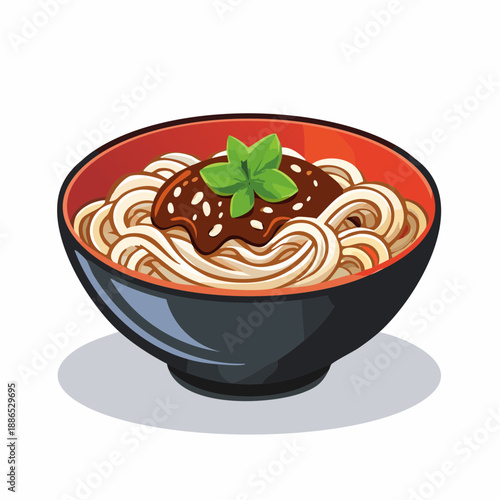 Appetizing vector graphic depicting a rich, dark sauce generously drizzled over a classic bowl of white noodles, garnished with aromatic green leaves