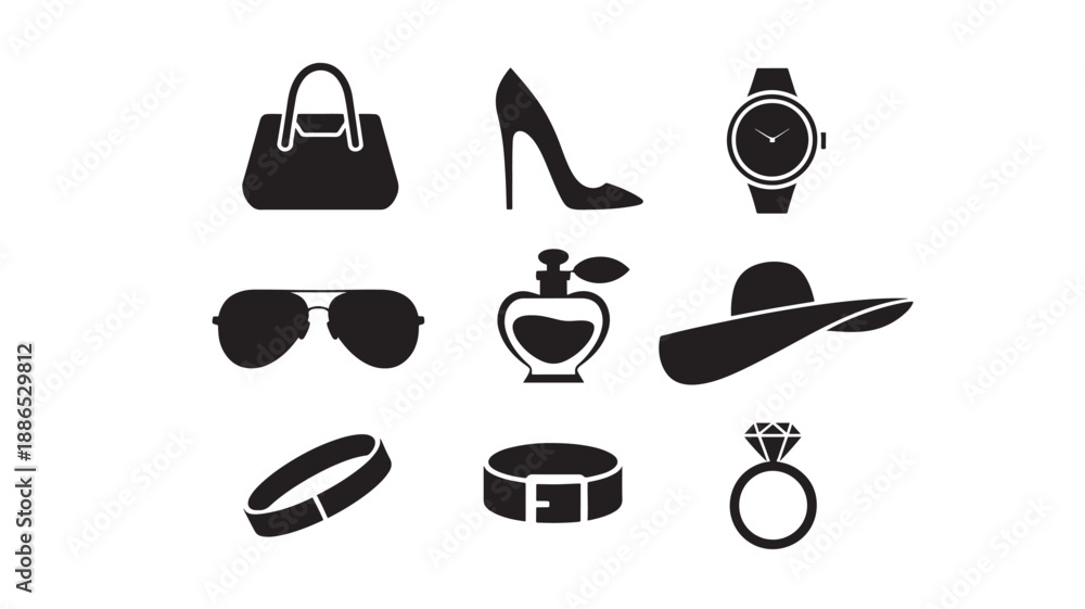 Fototapeta premium Collection of luxury accessories and fashion items displayed together in a minimalist flat design illustration from a direct viewpoint