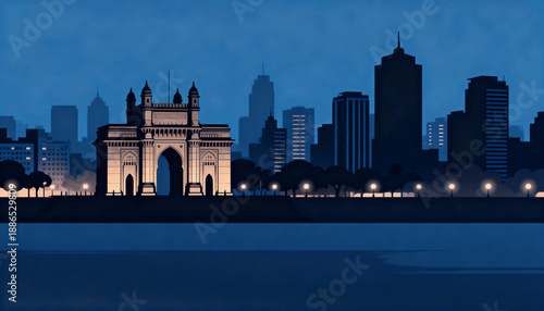 Iconic gateway of india at night mumbai skyline digital artwork urban landscape panoramic view cultural landmark