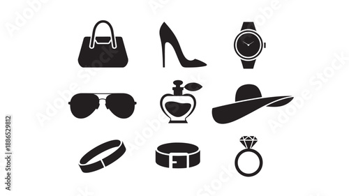 Collection of luxury accessories and fashion items displayed together in a minimalist flat design illustration from a direct viewpoint