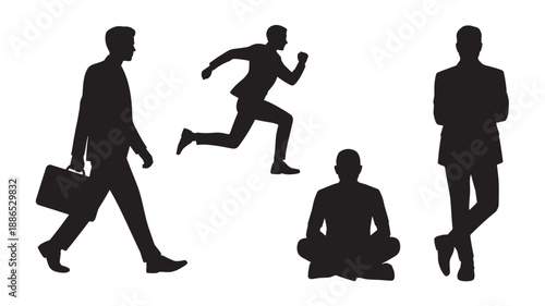 Silhouettes of businesspeople in various poses and actions, showcasing different attitudes and activities in a professional setting