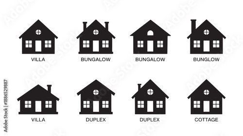 Collection of various house styles including villas, bungalows, duplexes, and cottages illustrated in a simple graphic style