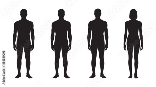 Four human silhouettes standing in a row, males and females, from different viewpoints, illustrating human anatomy and diversity