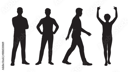 Four people silhouetted against a plain background showcasing different poses and actions from various viewpoints