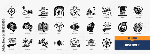 Set of a collection of discover icons suitable for web and mobile application. Set of glyph style icons with orient, connect, ascend, illuminate, ideate, and more icons