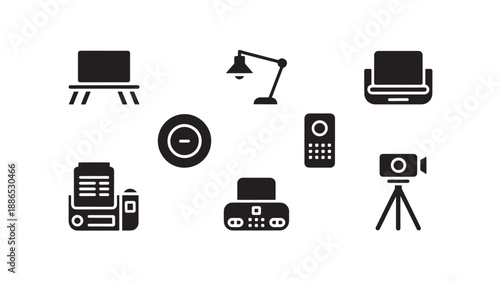 A collection of office equipment icons displayed on a plain background from a straightforward viewpoint