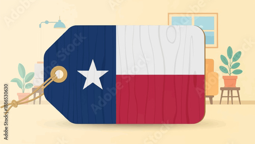 Texas flag tag in a room with plants and furniture