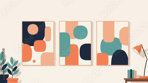Three abstract geometric artworks in warm tones adorn a wall
