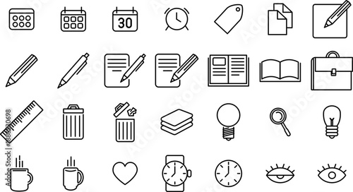 Office Line Icon Set – Minimal Productivity, Study, Writing, Document and Time Symbols