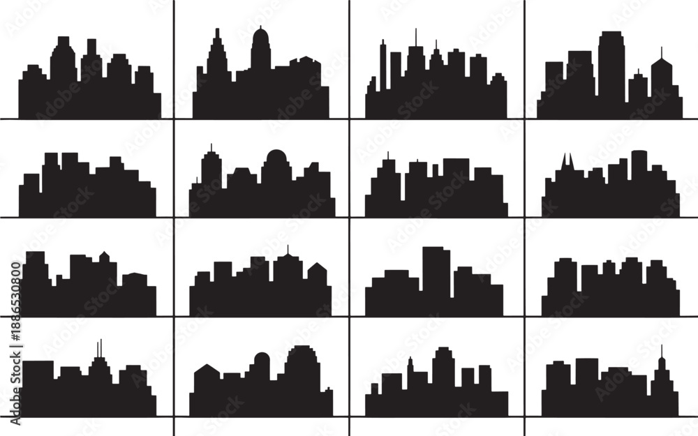 Obraz premium Silhouettes of various city skylines in a grid layout showcasing urban landscapes from different perspectives