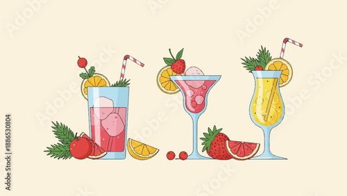 Three colorful, refreshing summer drinks with fruit garnishes and straws