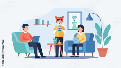 Three diverse individuals working remotely in a cozy, modern living room