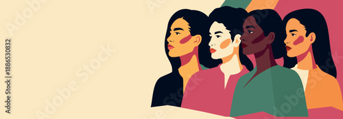 Vector postcard, horizontal banner for International Women's Day, March 8, with space for text. Strong women of different cultures, nationalities stand together. Diversity, unity, women's empowerment