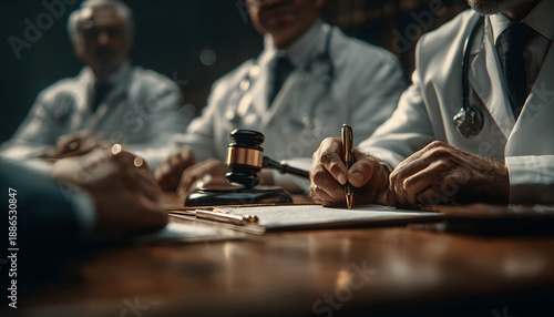Medical experts in white coats sit at a table in a meeting room. A gavel rests on the wood surface. They discuss healthcare law policy and decisions with teamwork. Professionals confer on justice.