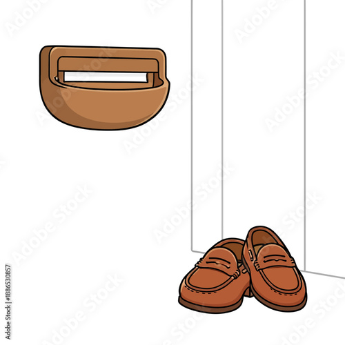 A pair of stylish brown leather loafers placed on the floor next to a wall-mounted wooden coat rack or shelf in a modern minimalist home entryway design.