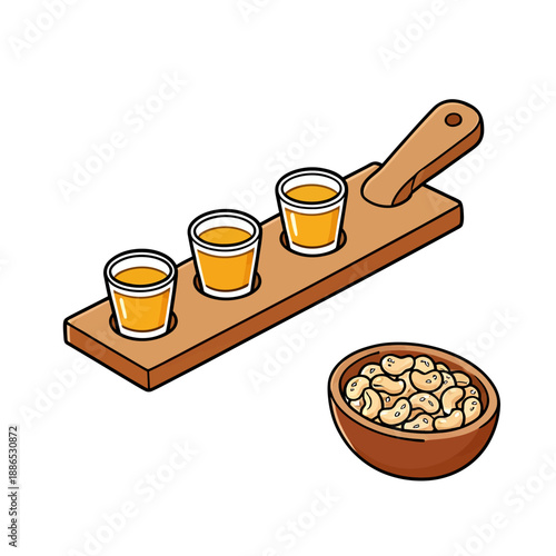 A wooden serving paddle with three glasses of golden craft beer or cider accompanied by a small bowl of crunchy cashew nuts for a pub tasting experience.