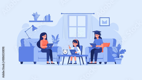 Three figures using laptops and tablets in a living room setting