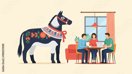 Stylized horse with floral design stands near people working at a table