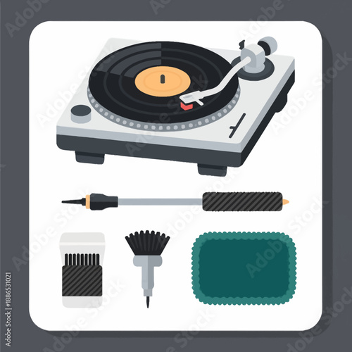 Vintage style turntable record player with professional vinyl cleaning accessories like brushes and pads for audiophiles maintaining their music collection.