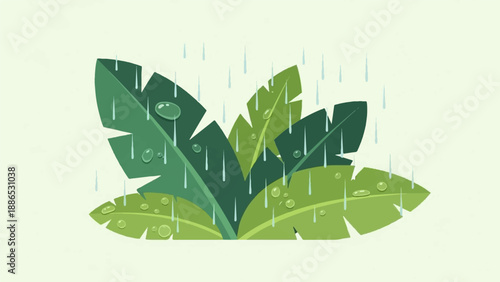 Stylized green leaves glistening with raindrops under a light shower