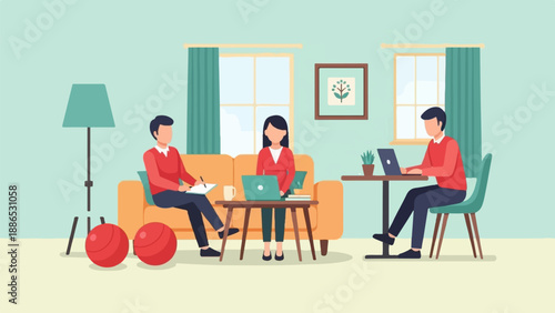 Three individuals collaborate on laptops and notes in a cozy living room setting