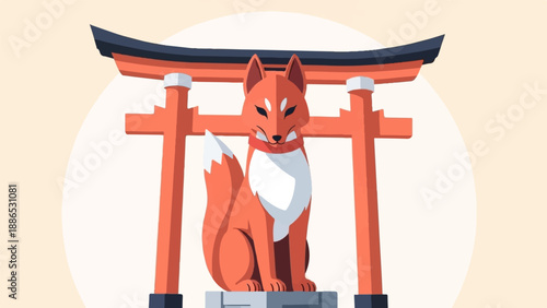 Stylized fox sits before an orange Japanese shrine gate